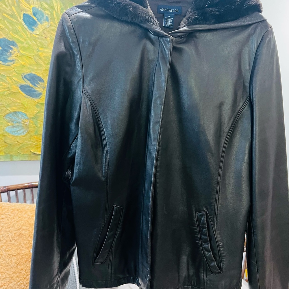 Ann Taylor Black Leather Hooded Jacket with Faux-Fur Trim